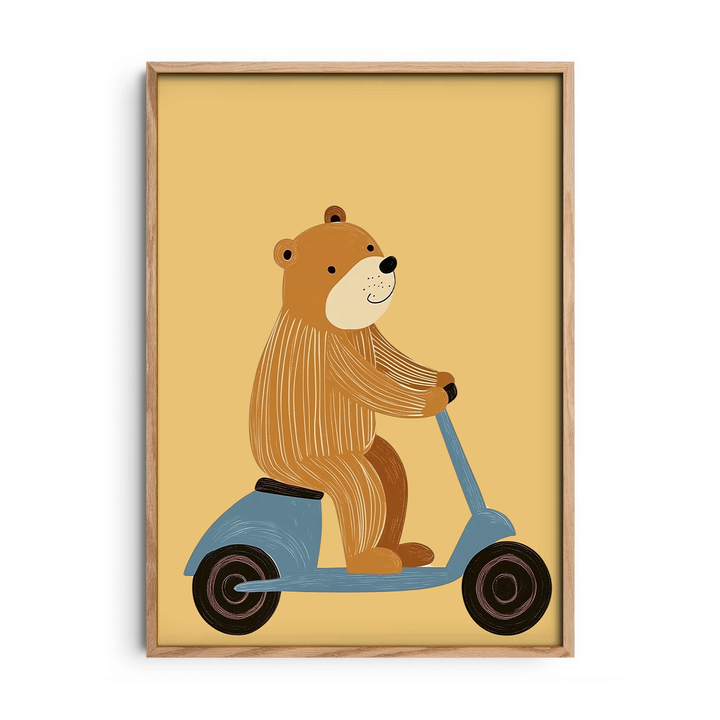 Cute Bear on Blue Scooter — Premium Framed Wall Art by Art Edges