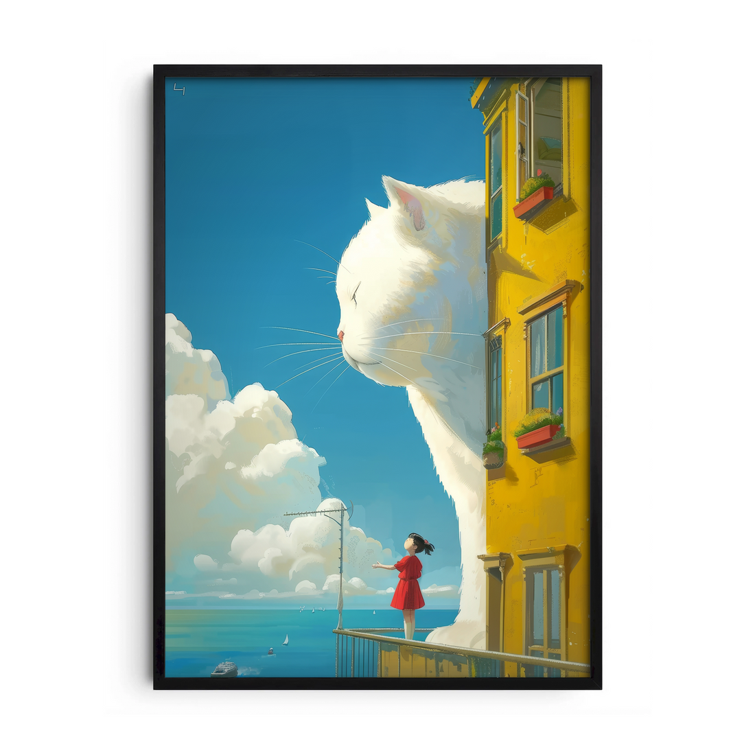 White Cat on Yellow Balcony — Premium Framed Wall Art by Art Edges