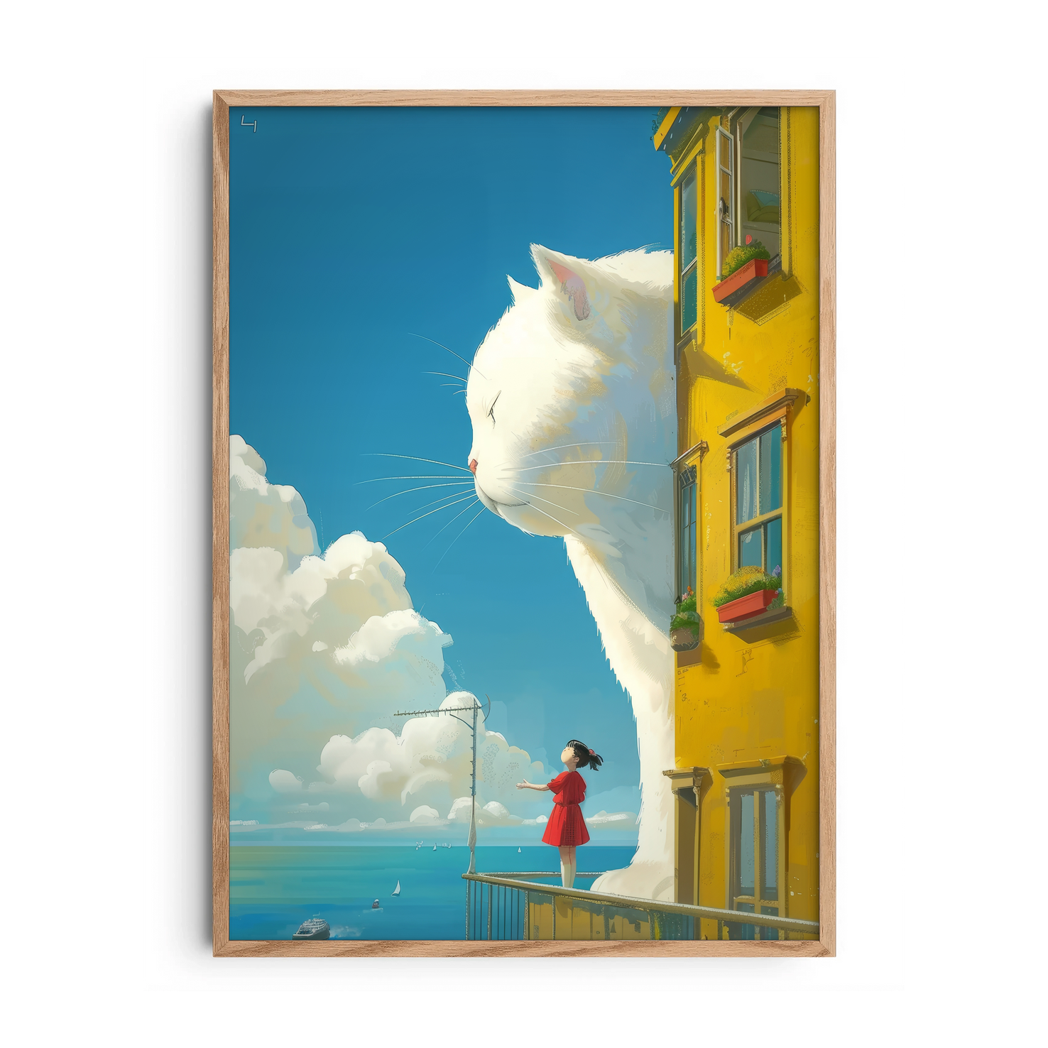 White Cat on Yellow Balcony — Premium Framed Wall Art by Art Edges